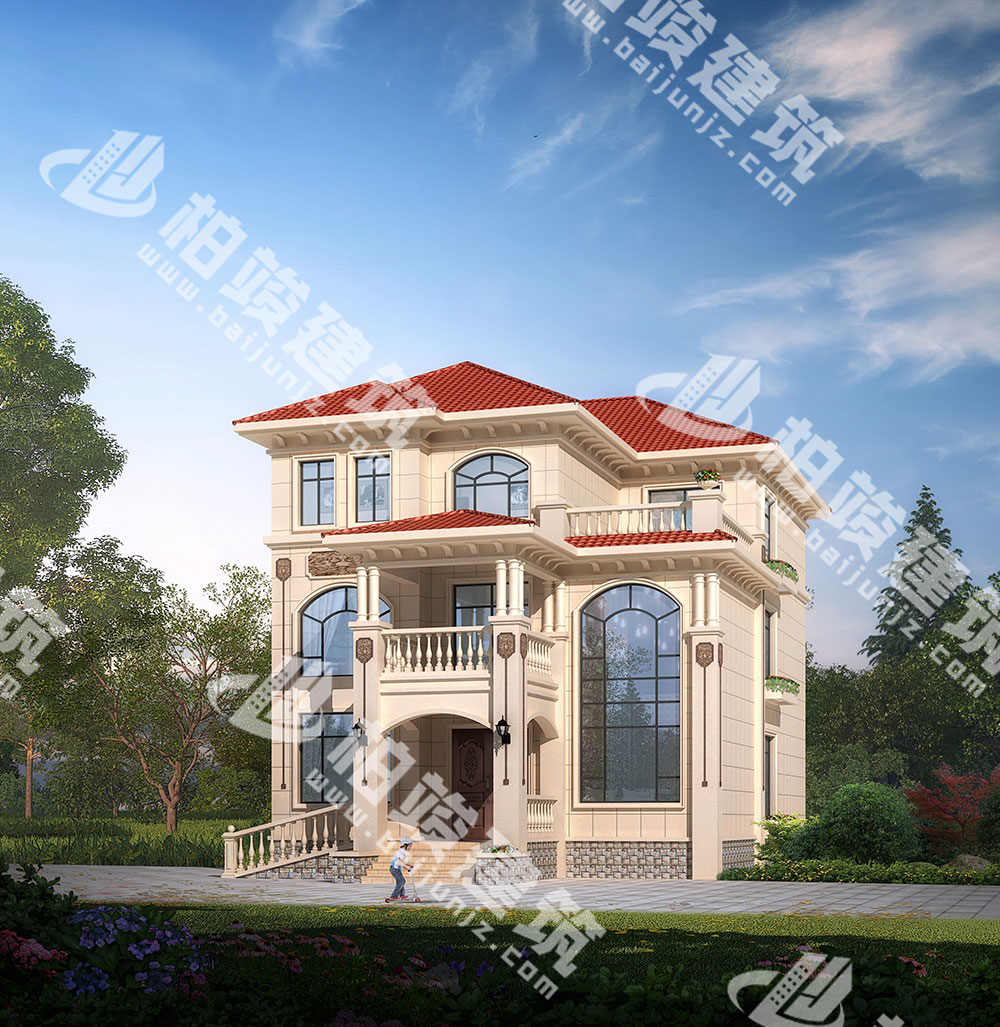 农村三层别墅设计图纸，简欧风格，带双层落地窗、轮椅坡道
