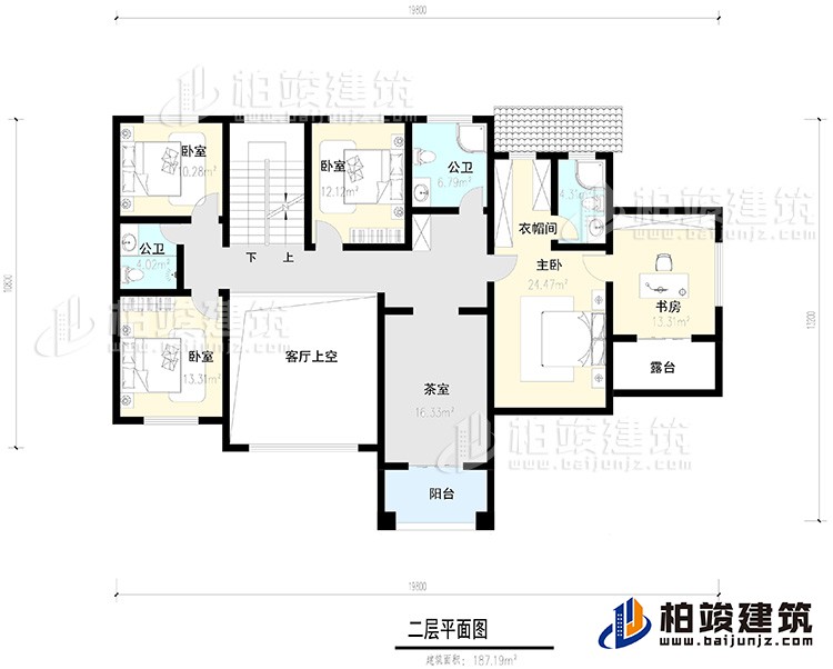 二层：4卧室，阳台，露台 ，衣帽间，书房，内卫，公卫 ，茶室