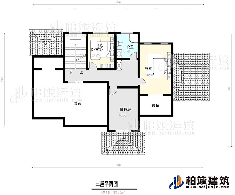 三层：2卧室，公卫，健身房，2露台。