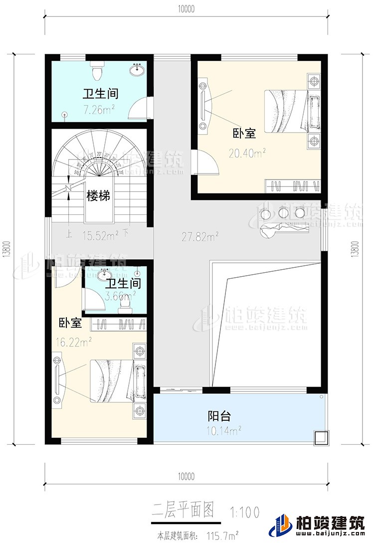 二层：2卧室，内卫，公卫，楼梯，阳台