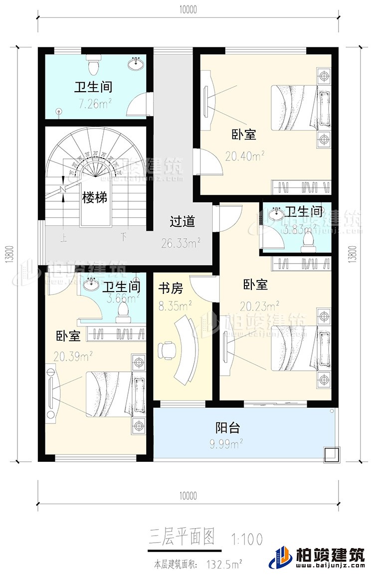 三层：3卧室，2内卫，公卫，楼梯，书房，阳台