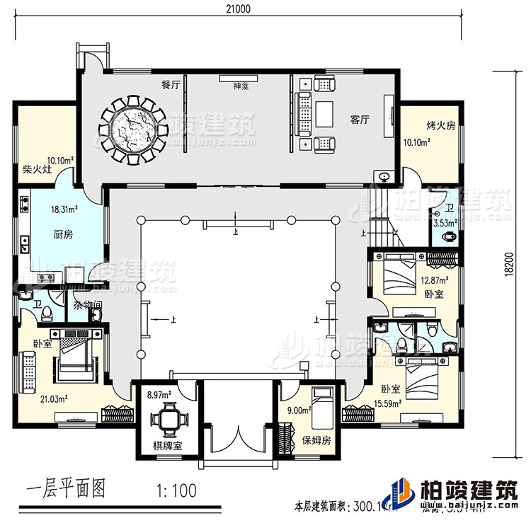 一层：客厅，餐厅，烤火房，厨房，4卫生间，3卧室，杂物间，棋牌室，保姆房