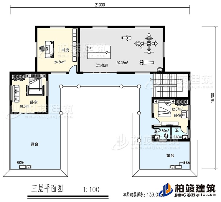 三层：书房，运动房，2卧室，2卫生间，露台