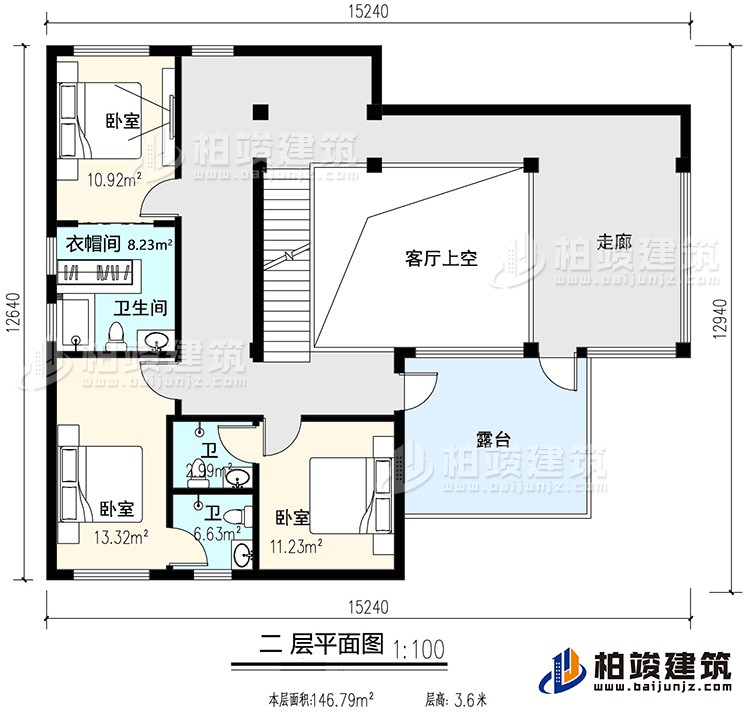 二层：3卧室，内卫，公卫，起居室，楼梯，阳台，露台，书房