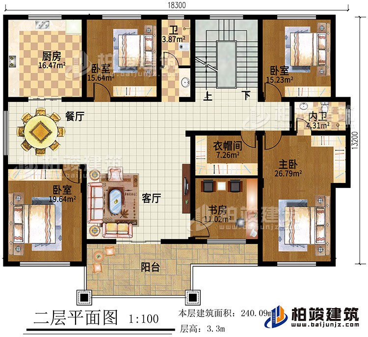 二层：4卧室，客厅，书房，衣帽间，厨房，餐厅，2卫生间，阳台