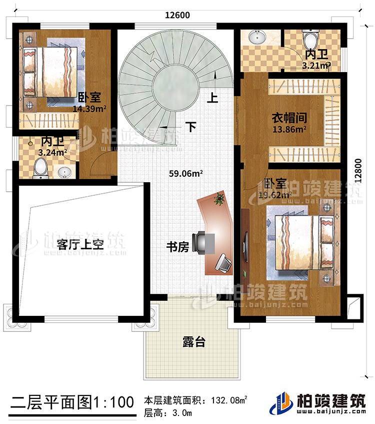 二层：2卧室、2内卫、衣帽间、书房、客厅中空、露台