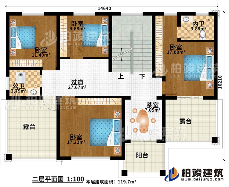 二层：4卧室，公卫，内卫，茶室，2露台 ，阳台
