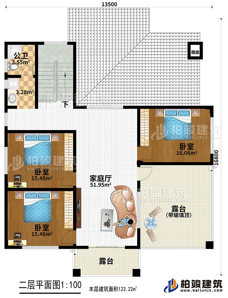 二层：3卧室，家庭厅，2露台，公卫。