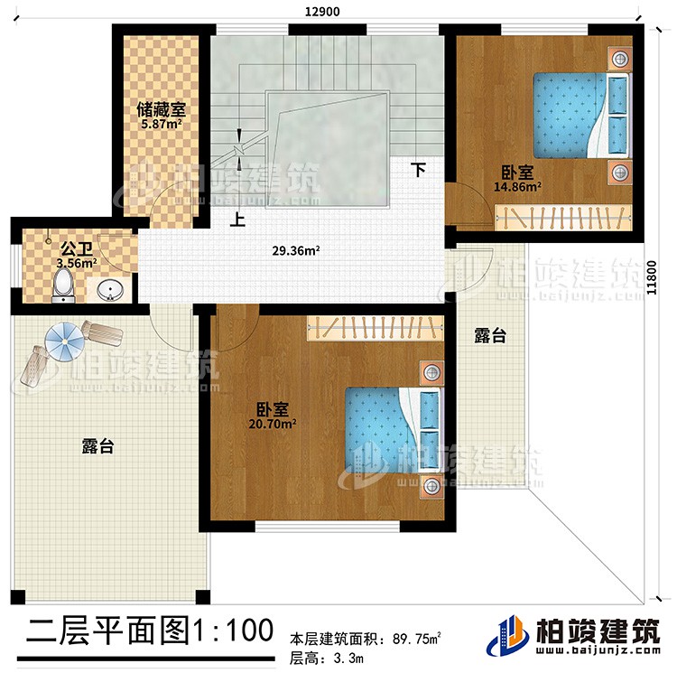 二层：2卧室、公卫、储藏室、2露台