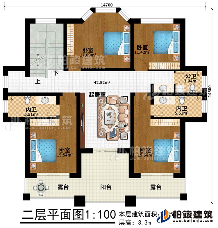 二层：2露台、阳台、4卧室、2内卫、公卫、起居室