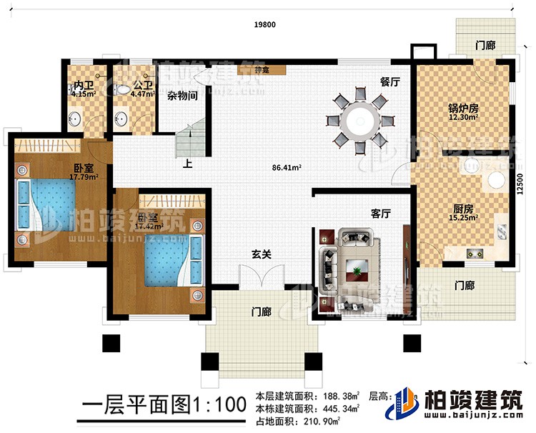 一层：3门廊、玄关、客厅、厨房、锅炉房、2卧室、餐厅、神龛、杂物间、公卫、内卫