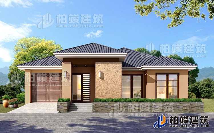 一层乡村别墅设计户型图，占地200平左右，外观很时尚BZ113-简欧风格