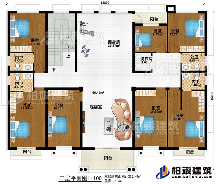 二层：7卧室、起居室、健身房、3内卫、公卫、洗衣房、4阳台
