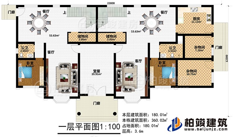 一层：3门廊、堂屋、2客厅、2卧室、2公卫、2餐厅、2储物间、厨房、2杂物间