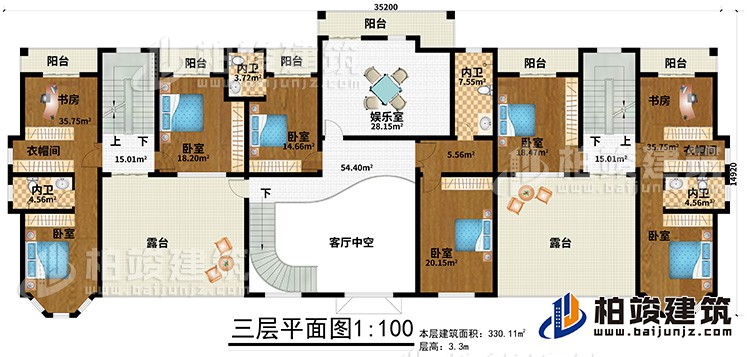 三层：6卧室、2衣帽间、2书房、4内卫、娱乐室、6阳台、2露台、客厅中空