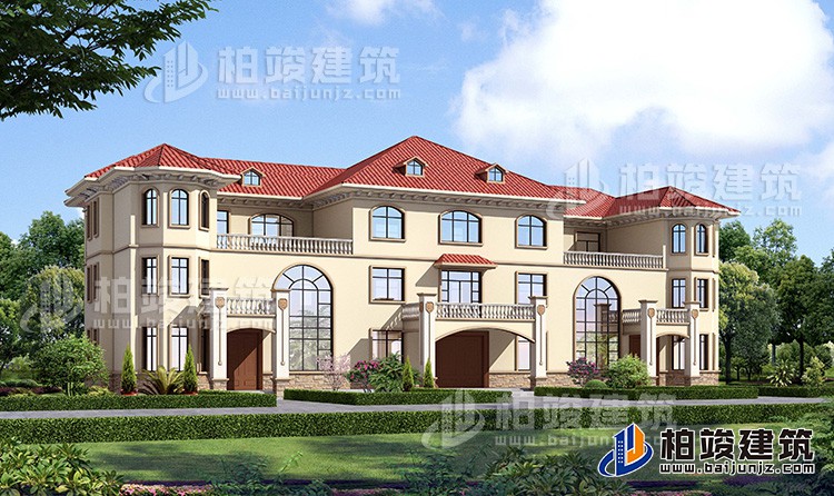 新款农村三拼三户别墅设计图及效果图三层户型，外观靓丽新颖BZ387-简欧风格