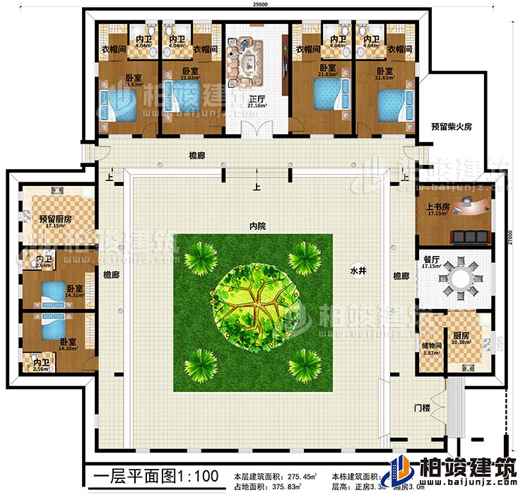 一层：门楼、3檐廊、水井、内院、储物间、厨房、餐厅、上书房、预留柴火房、6卧室、4衣帽间、6内卫