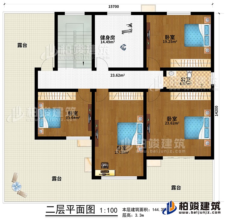 二层：4卧室，公卫，健身房，露台