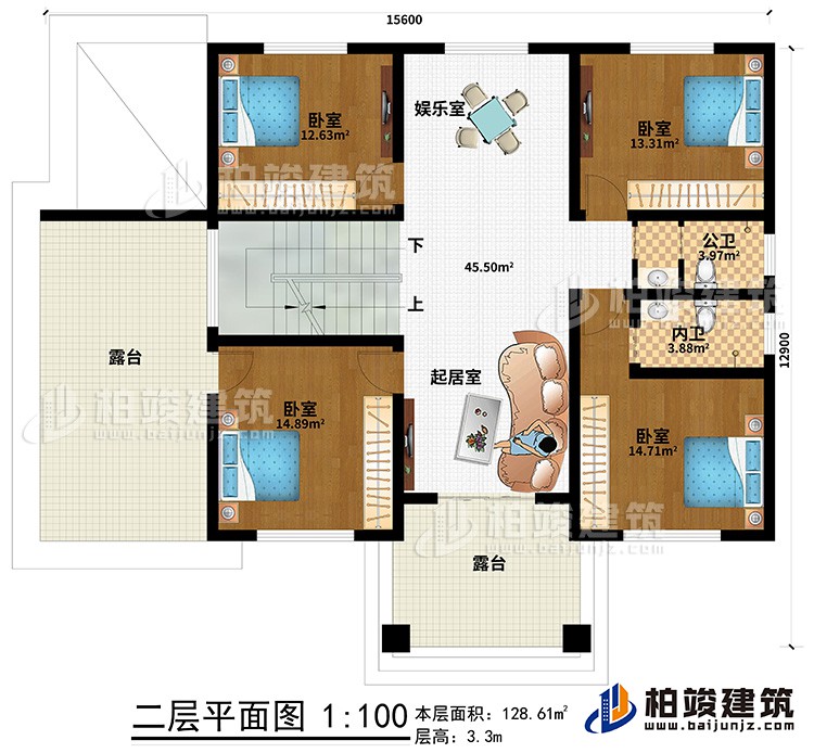 二层：4卧室，内卫，公卫，起居室，楼梯，棋牌室，2露台