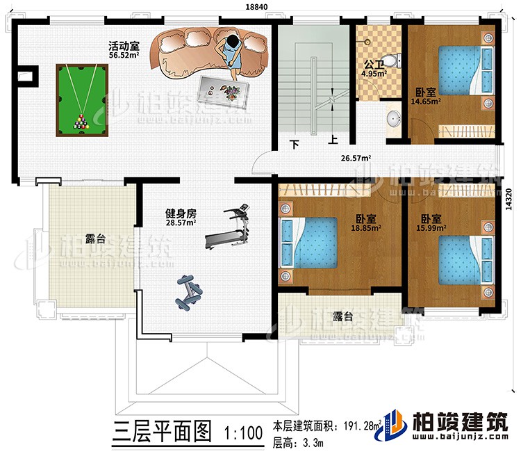 三层：健身房、活动室、3卧室、公卫、２露台