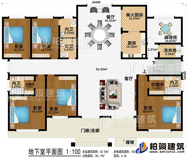 一层：门廊/走廊、缓坡、客厅、餐厅、厨房、柴火厨房、洗衣房、麻将房、3内卫、公卫、2衣帽间、5卧室