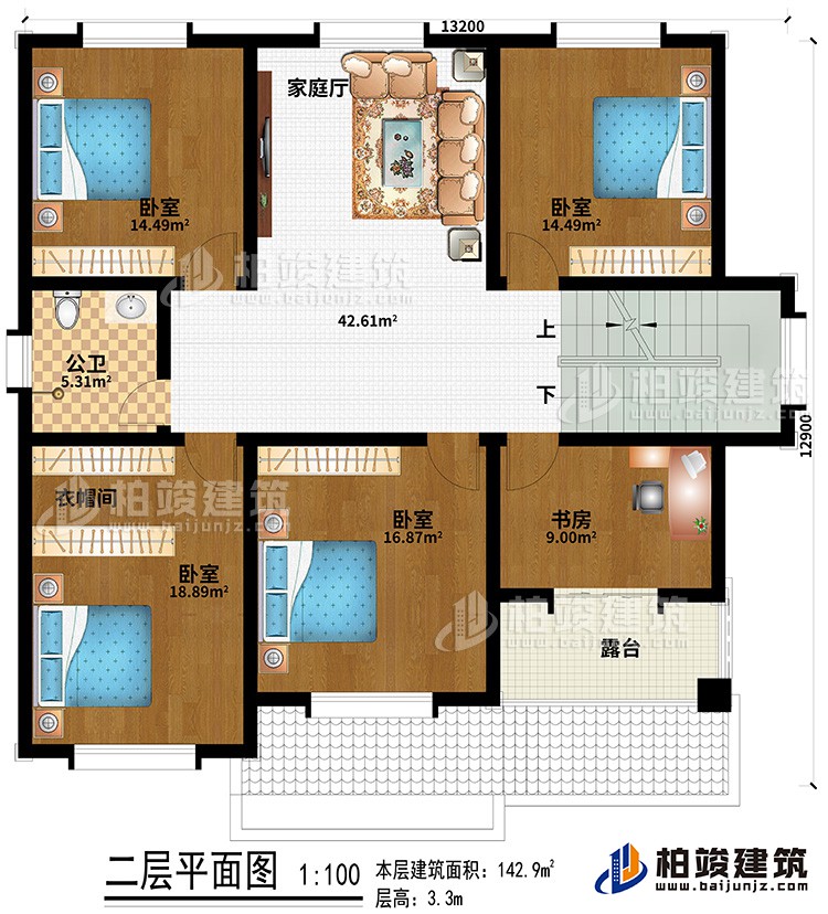 二层：4卧室、公卫、衣帽间、书房、露台、家庭厅