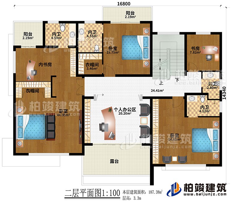 二层：3卧室、2衣帽间、3内卫、内书房、书房、个人办公区、公卫、2阳台、露台