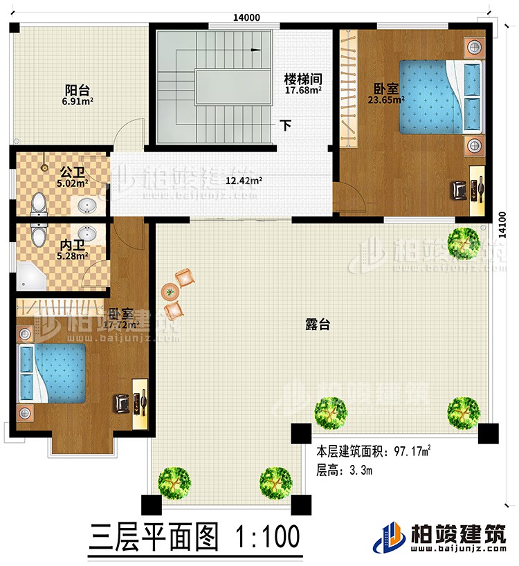 三层：2卧室、楼梯间、公卫、内卫、阳台、露台
