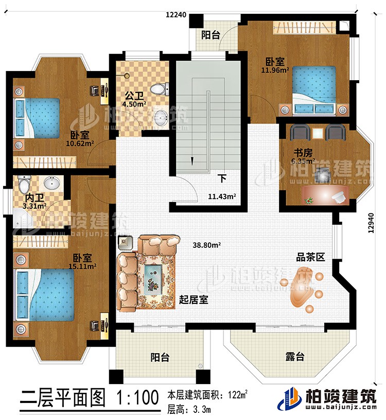 二层：起居室、品茶区、3卧室、内卫、公卫、书房、2阳台、露台