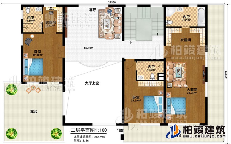 二层：客厅，大套间带内卫和衣帽间，单间带内卫，中套间带内卫和衣帽间，2露台，楼梯