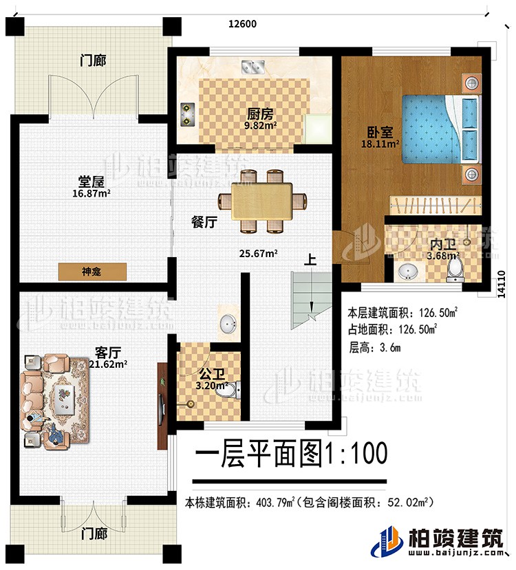 一层：2门廊、堂屋、神龛、厨房、餐厅、卧室、内卫、公卫、客厅
