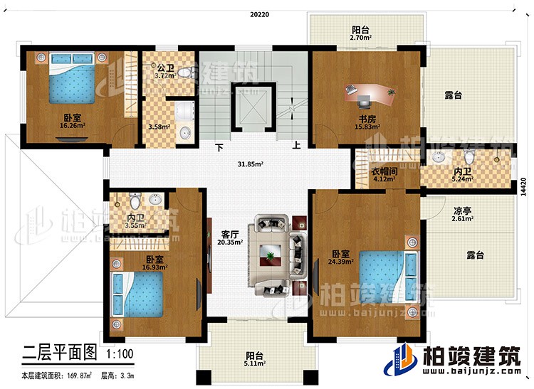 二层：3卧室、衣帽间、2内卫、公卫、客厅、书房、衣帽间、2阳台、2露台、凉亭
