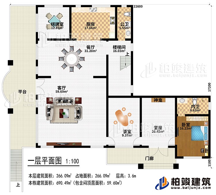 一层：门廊、平台、堂屋、神龛、茶室、客厅、餐厅、厨房、棋牌室、公卫、楼梯间、卧室、内卫