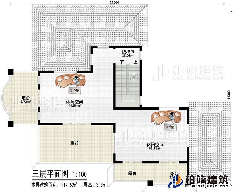 顶层：2休闲空间、2露台、2阳台、楼梯间