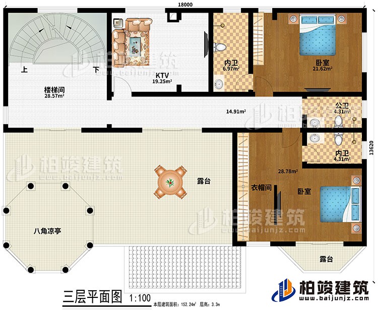 三层：楼梯间、KTV、2卧室、衣帽间、2内卫、公卫、2露台、八角凉亭
