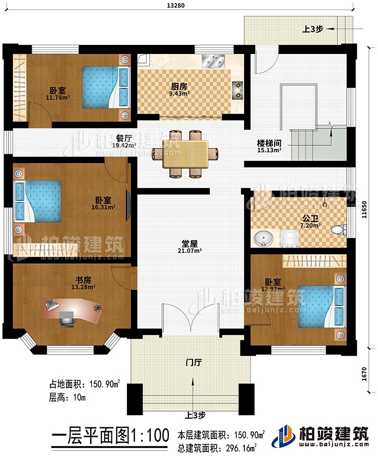 一层：门厅、堂屋、餐厅、厨房、楼梯间、3卧室、书房、公卫