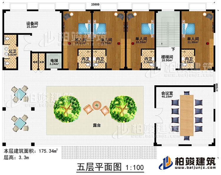 五层：楼梯间、过道、电梯、水井、电井、4单人间、4内卫、公卫、露台、会议