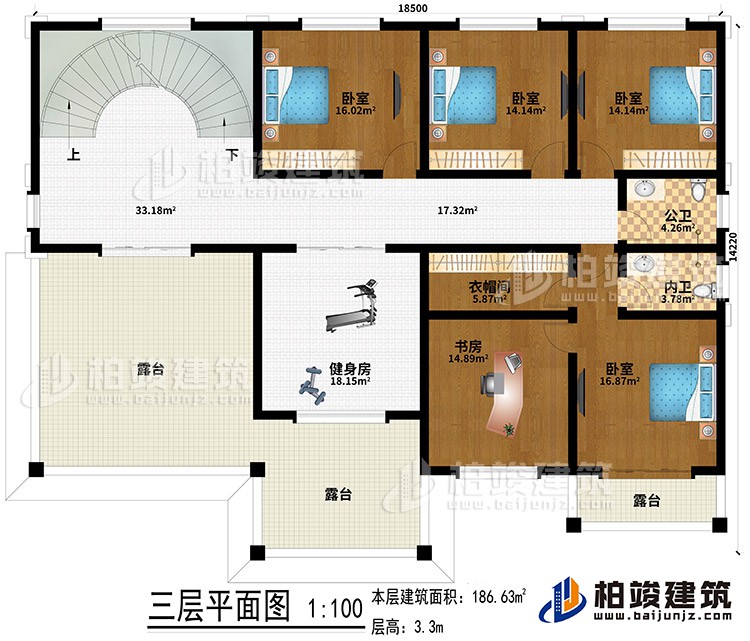 三层：4卧室、健身房、书房、衣帽间、3露台、公卫、内卫