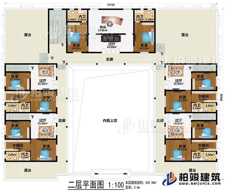 二层：内庭上空、5过厅、书房、3走廊、4露台、10卧室、4衣帽间、6内卫