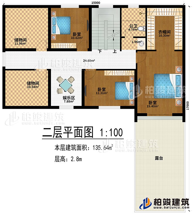 阁楼：娱乐区、2储物间、3卧室、衣帽间、露台