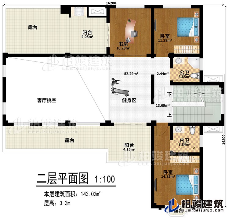 二层：健身区、客厅挑空、书房、2卧室、公卫、内卫、2阳台、3露台