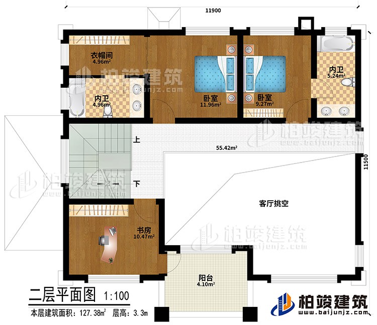 二层：客厅挑空、2卧室、衣帽间、书房、2内卫、阳台