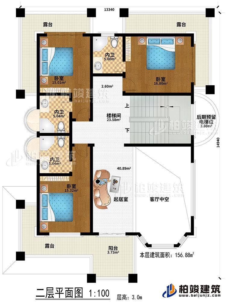 二层：起居室、客厅中空、楼梯间、3卧室、3内卫、阳台、3露台、后期预留电梯位