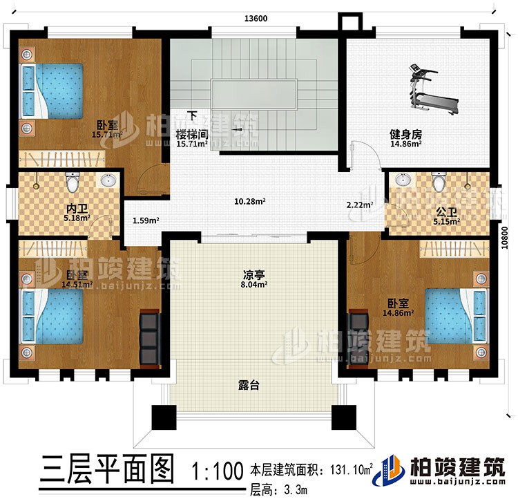 三层：楼梯间、健身房、3卧室、公卫、内卫、凉亭、露台
