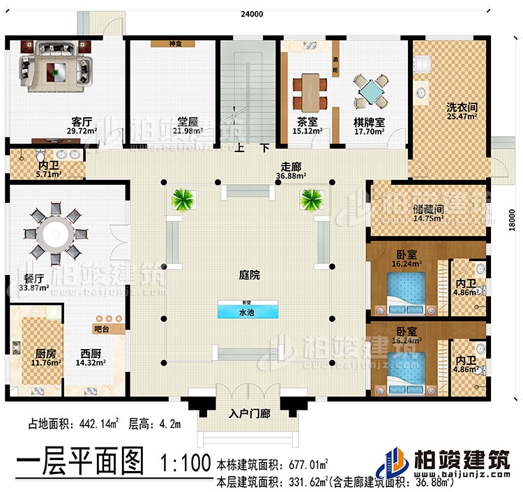 一层：入户门廊、水池、影壁、庭院、走廊、西厨、厨房、餐厅、吧台、客厅、堂屋、神龛、茶室、棋牌室、洗衣间、储藏间、2卧室、3内卫