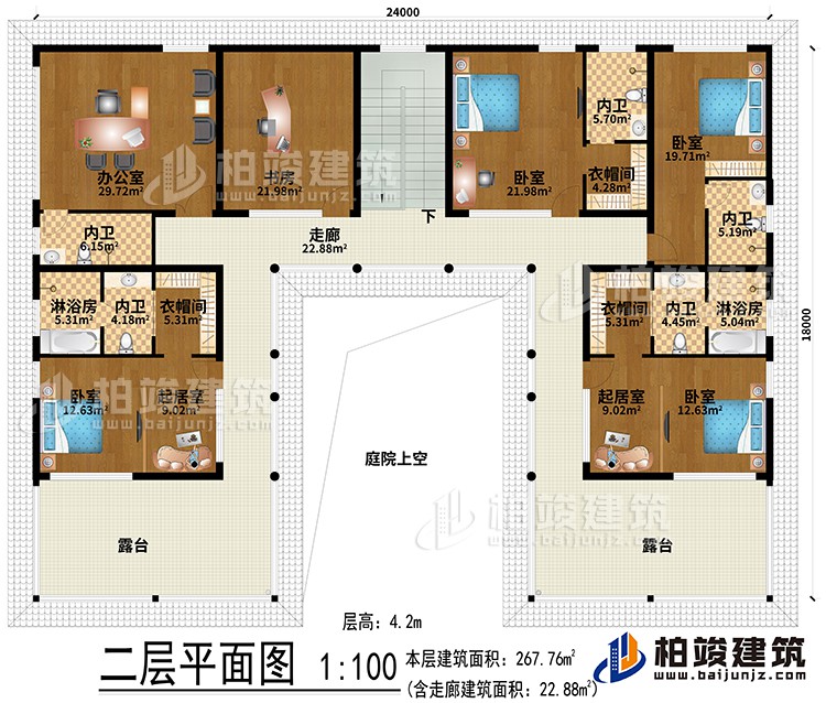 二层：办公室、书房、2起居室、3衣帽间、4卧室、2淋浴房、5内卫、走廊、2露台、庭院上空