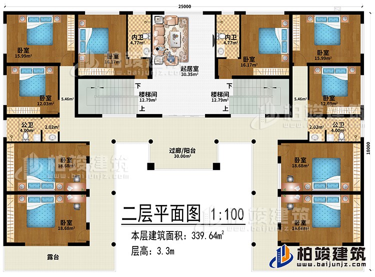 二层：起居室、2楼梯间、过廊/阳台、10卧室、2内卫、2公卫、2露台
