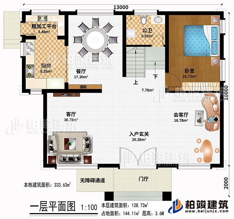一层：门厅、无障碍通道、酒柜、入户玄关、会客厅、客厅、厨房、餐厅、粗加工平台、卧室、公卫