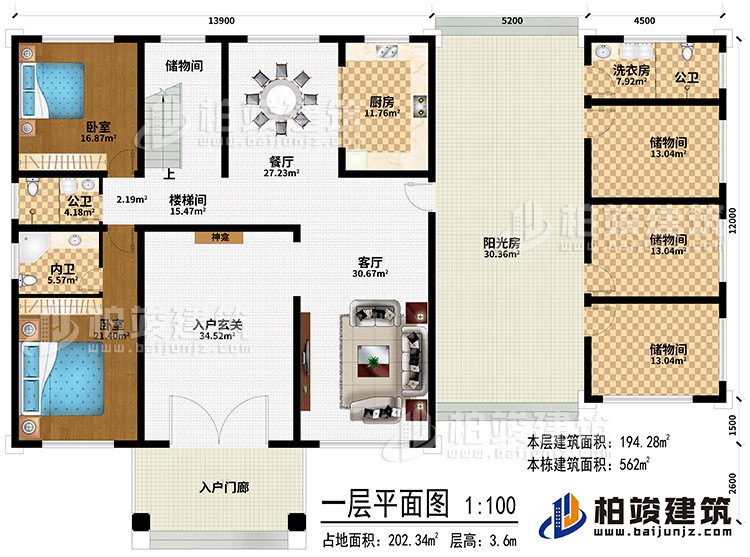 一层：入户门廊、入户玄关、神龛、客厅、餐厅、厨房、4储物间、楼梯间、洗衣房、2公卫、2卧室、内卫、阳光房