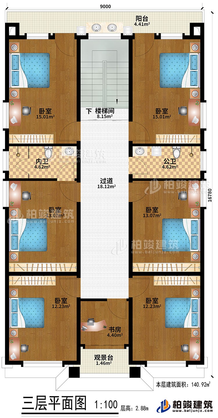 三层：6卧室、过道、楼梯间、书房、观景台、公卫、内卫、阳台